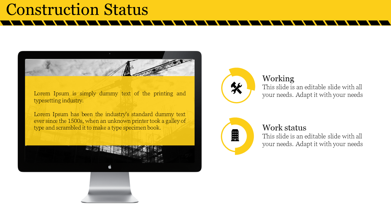Slide showcasing a construction status with a computer screen displaying construction images with two yellow icons.
