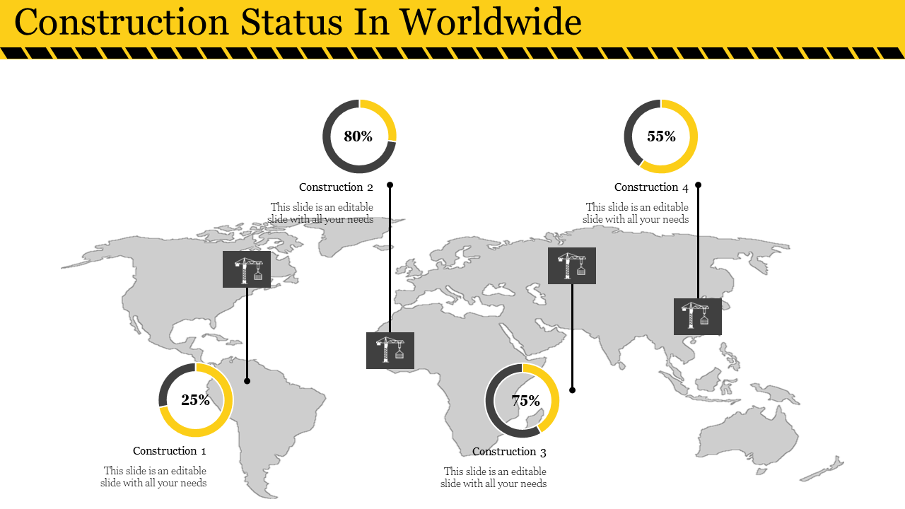Grey world map showing construction status in various regions with progress percentages for each construction project.