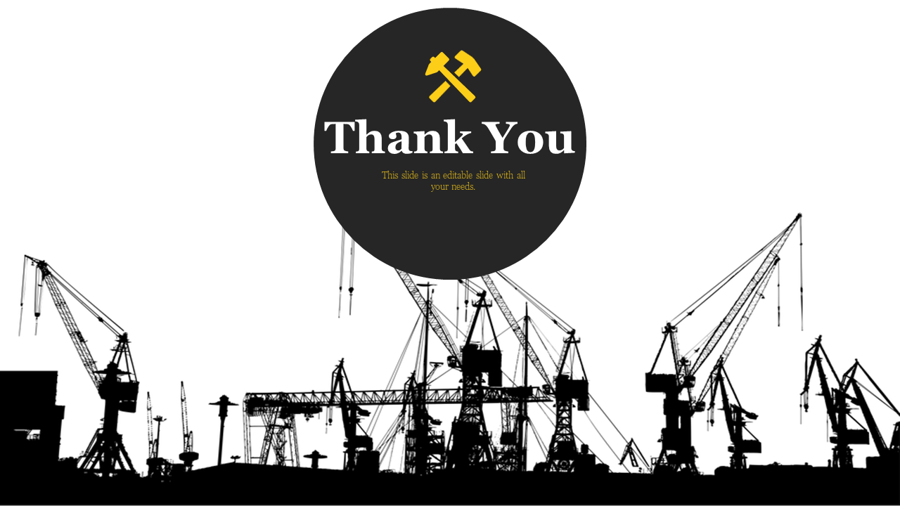 Black and white image of cranes in a construction site with a bold thank you text on a white backdrop.