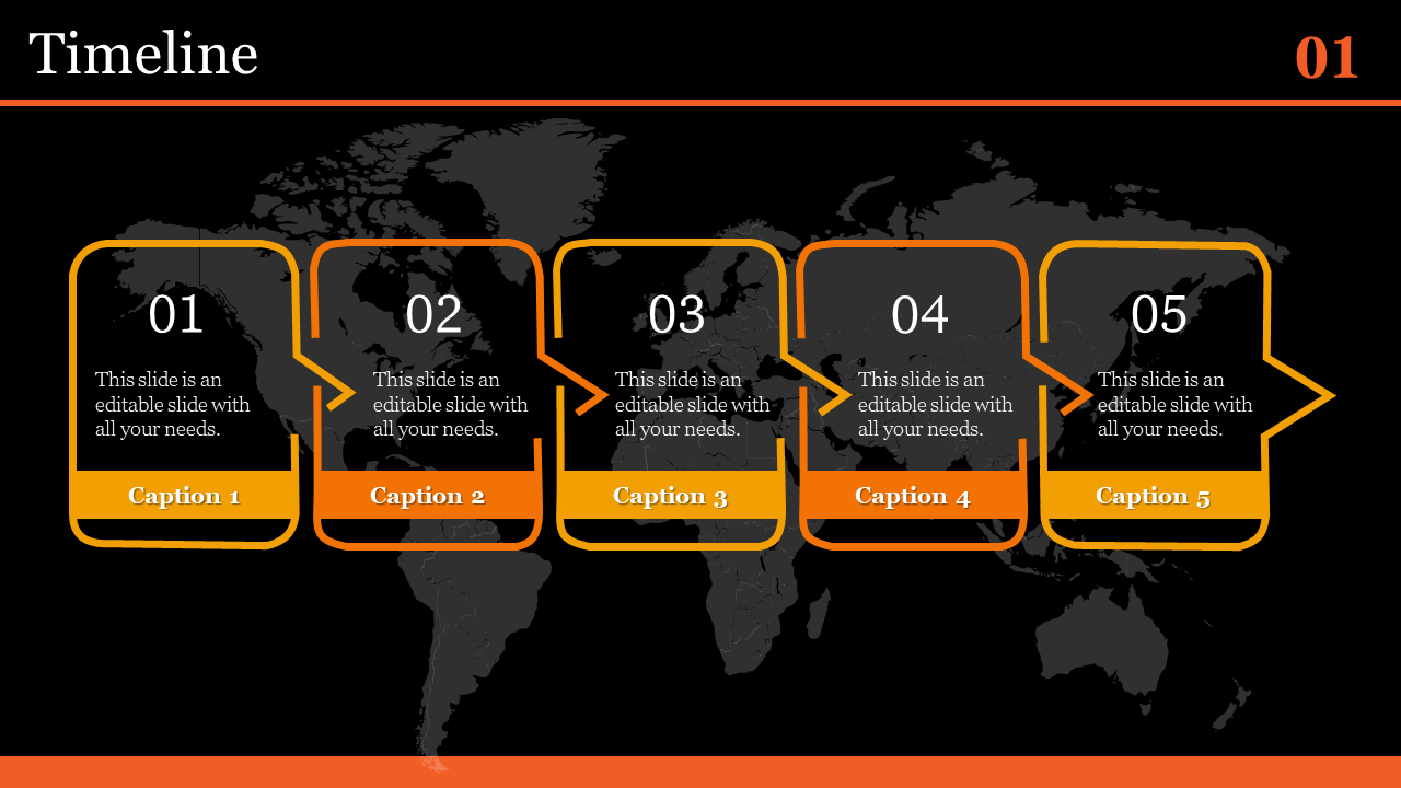 Timeline slide with numbered orange boxes and captions, highlighting various stages on a dark world map background.