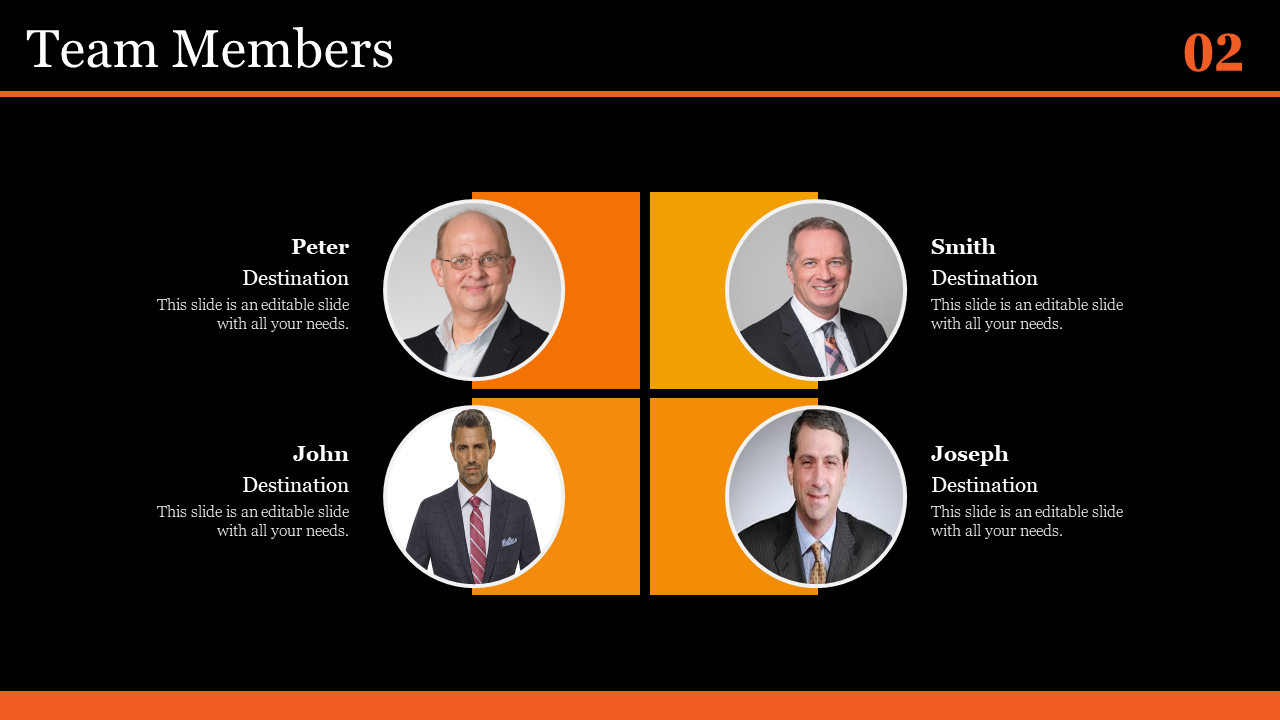 Team members slide featuring headshots of four individuals with their names and designations on an orange and black theme.