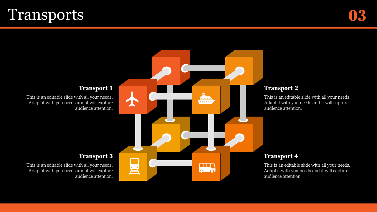 Slide showcasing 4 transport types airplane, ship, train, and bus connected by orange blocks and white lines in black theme.