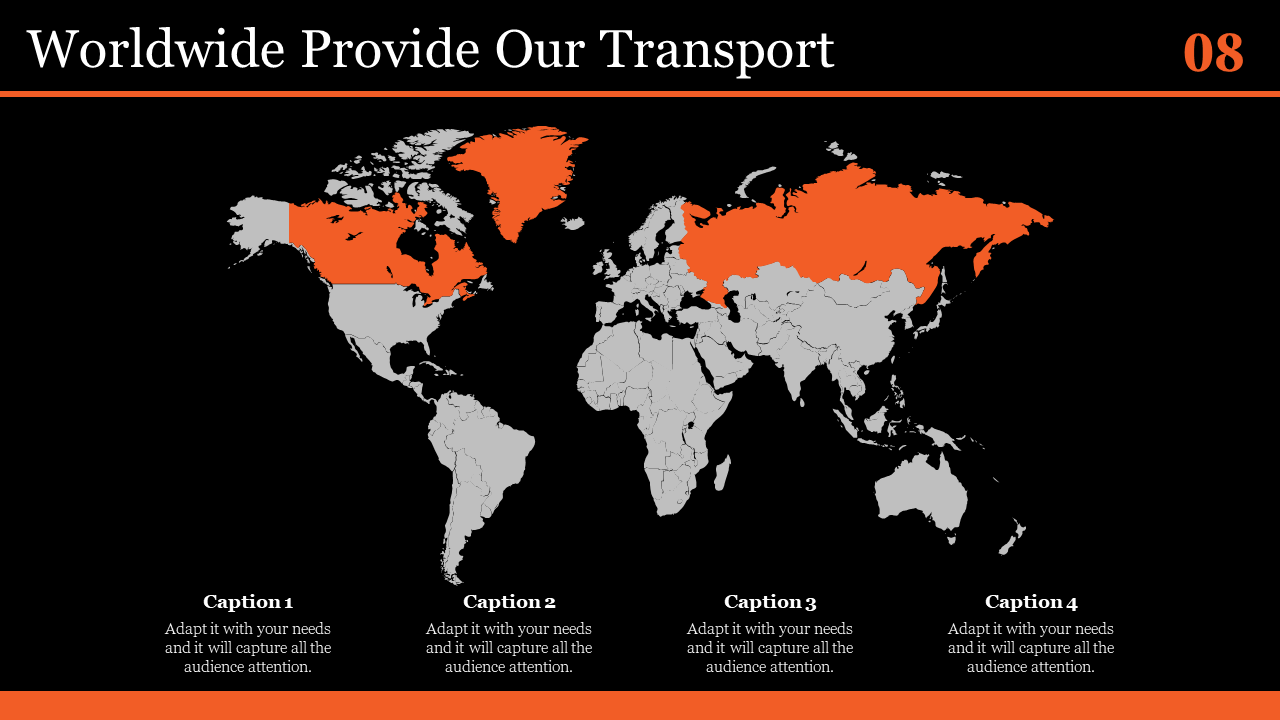 World map slide showing global transport coverage with specific regions highlighted in orange and grey on a black backdrop.