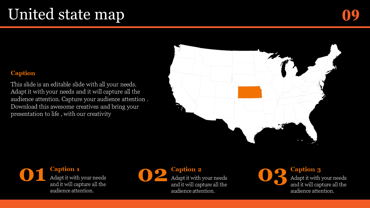 United States map PowerPoint slide with the state of Colorado highlighted in orange, accompanied by captions below.