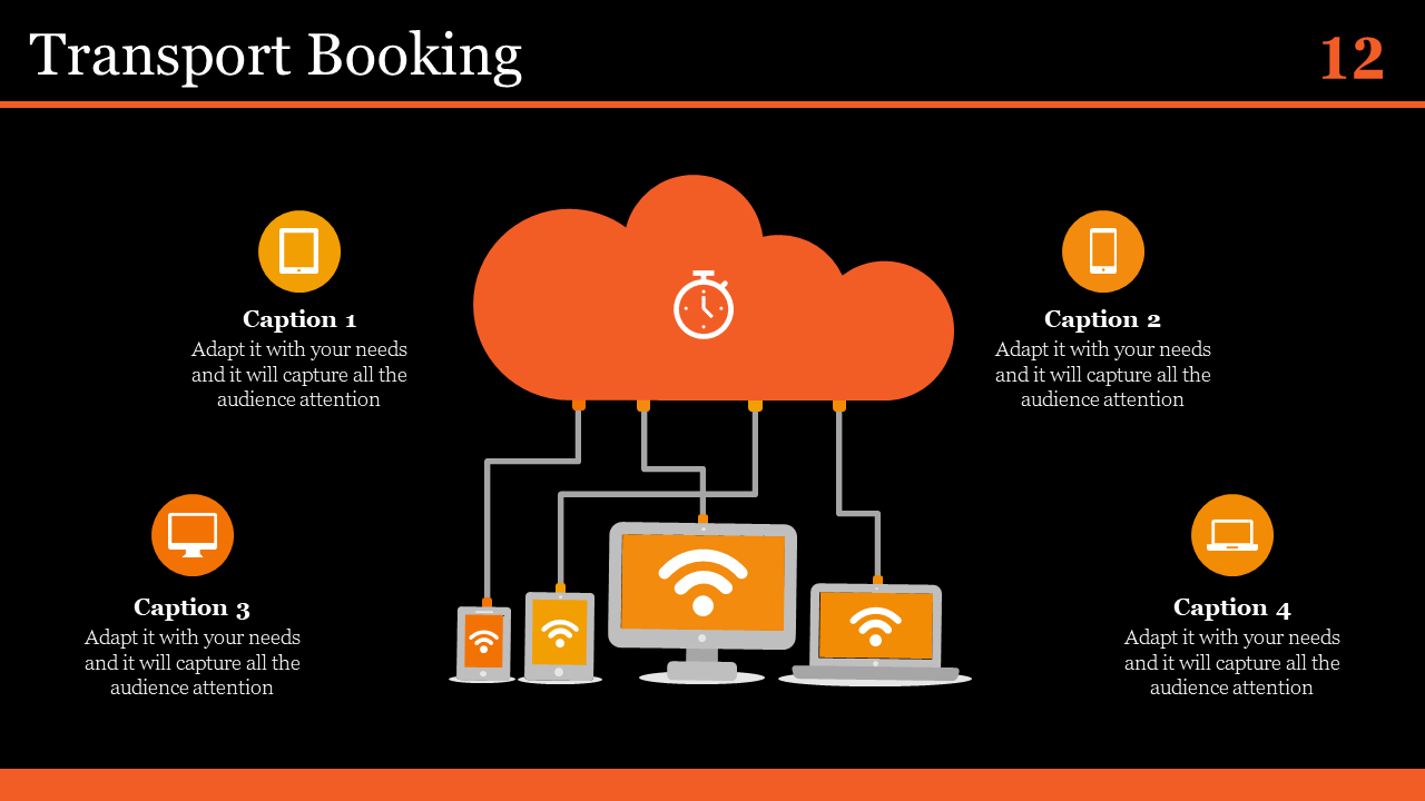 Transport booking system with orange connected devices, cloud and wifi icons illustrating the booking process on dark theme.