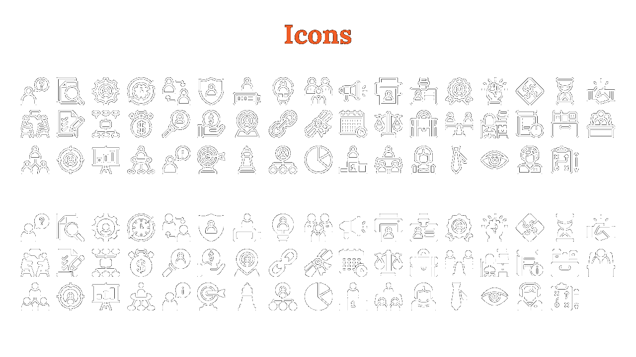 Collection of various white icons related to business, finance, management, and technology on a white backdrop.