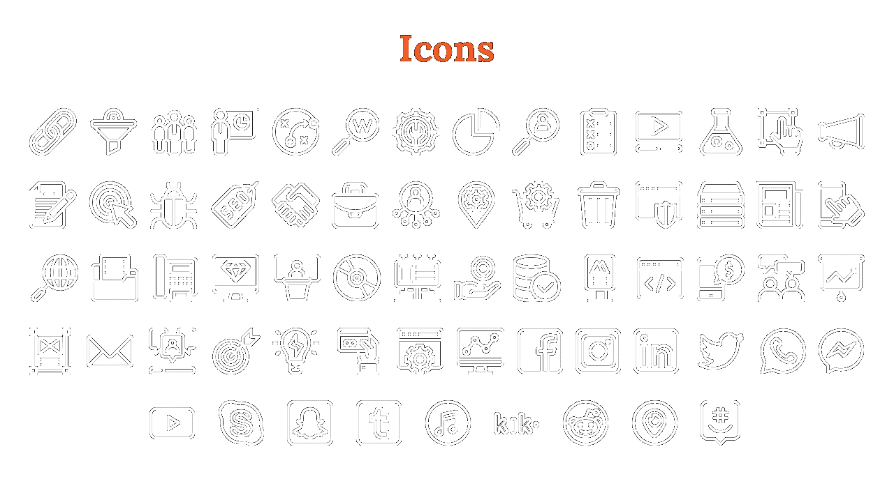 Set of white icons featuring business, social media, and technology related symbols on a white backdrop.