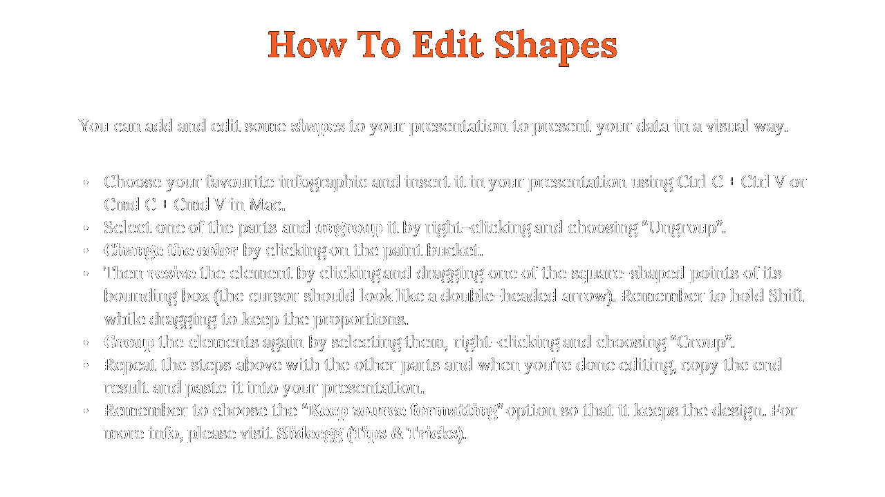 PPT tutorial on how to edit shapes, including instructions for resizing, ungrouping, and changing colors in a white theme.
