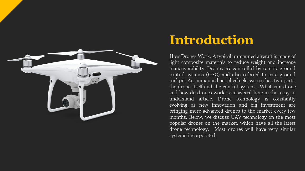 A white drone with four propellers and a camera, paired with an introduction on a black backdrop.