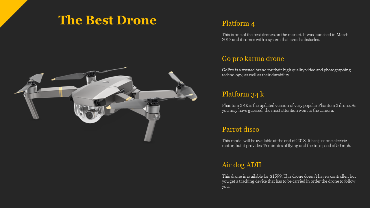 Silver drone featured with details on top drone models such as the GoPro Karma, Parrot Disco and Air Dog ADII in black theme.