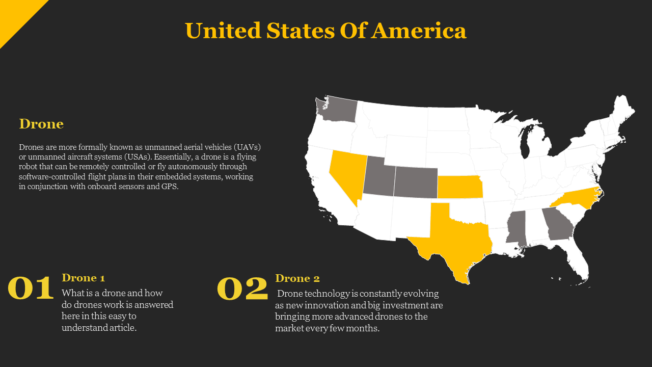 A map of the United States showing regions highlighted in yellow where drone technology is active, with a brief explanation.