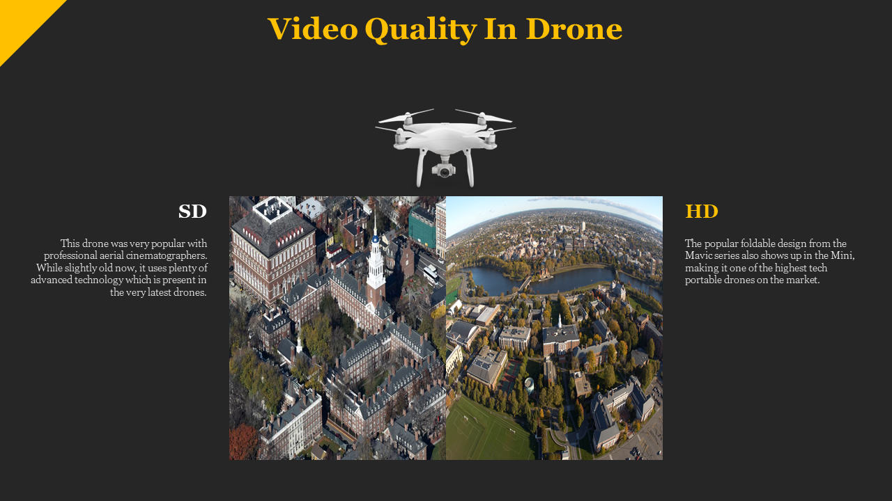 Side by side comparison of SD and HD video quality in drones, featuring aerial shots with different levels in dark backdrop.