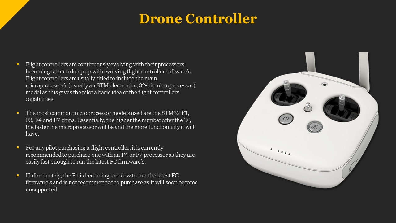 Close up of a drone controller with dual joysticks and buttons, showcasing the technology used to control drone flight.