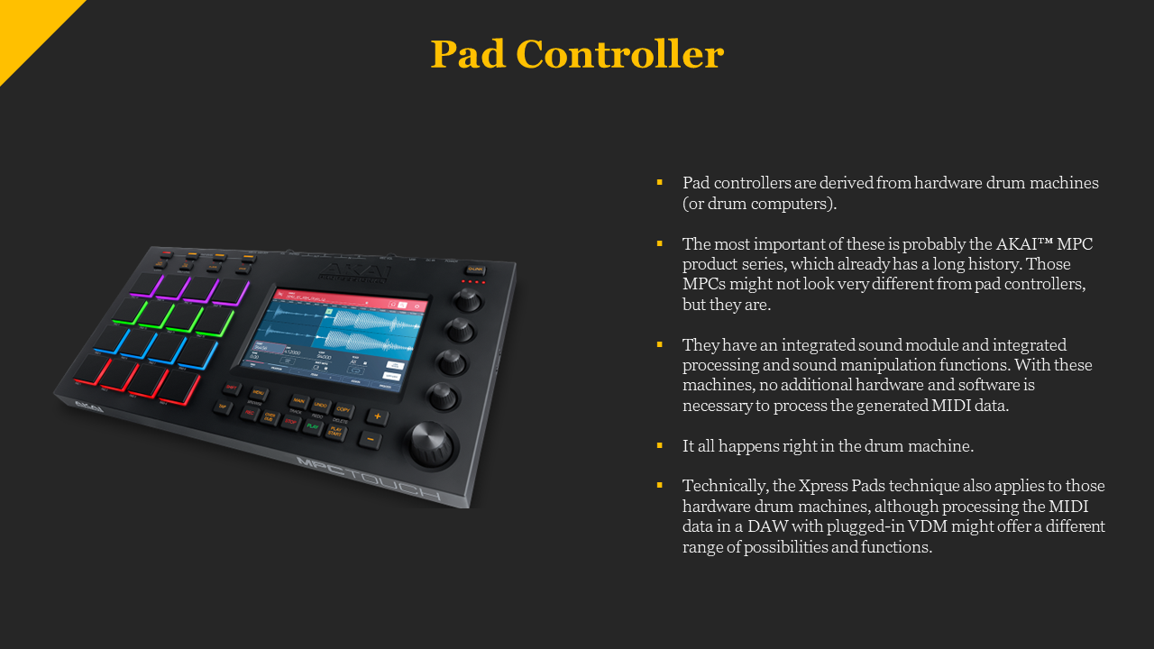 Close up of an AKAI MPC Touchpad controller, featuring colorful pads, a touch screen and various buttons on a black backdrop.