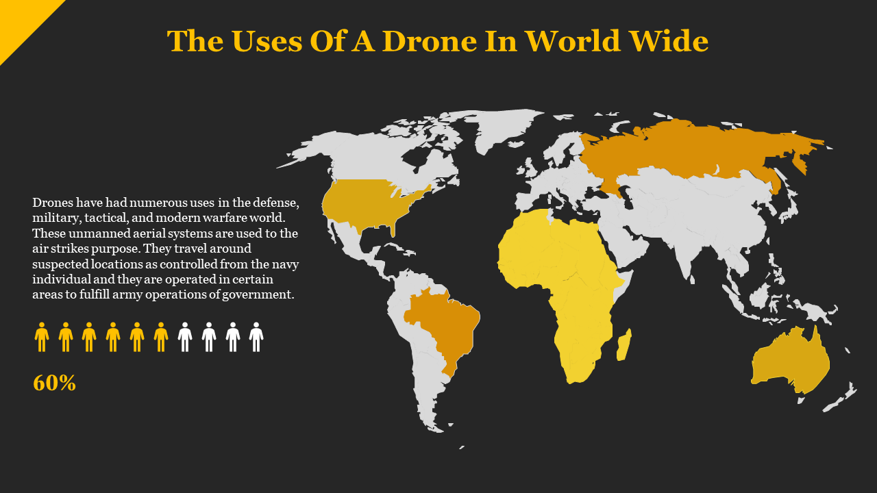 Map showing the global distribution of drone usage for defense with areas highlighted in yellow on a dark backdrop.