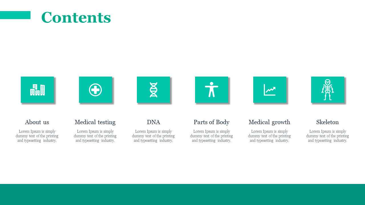 Contents slide with six sections, each accompanied by an teal color icon, representing various medical topics in white theme.