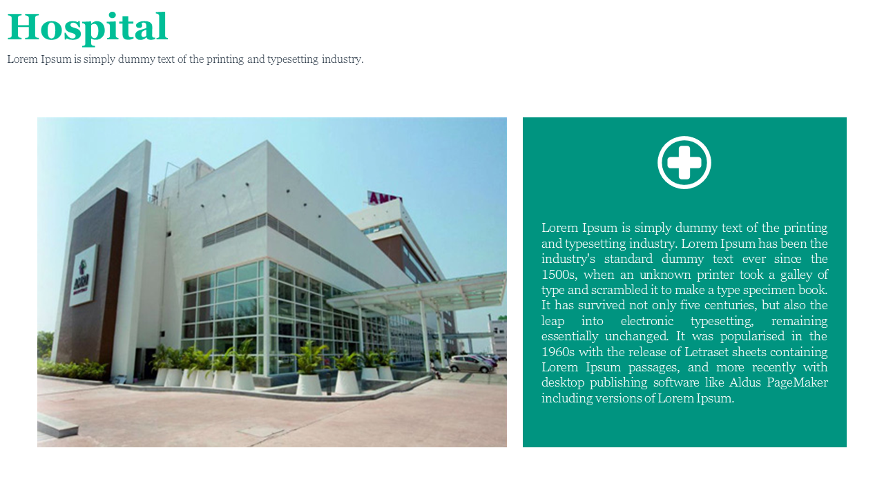 Presentation slide featuring a hospital building with a description in a teal theme on a white backdrop.