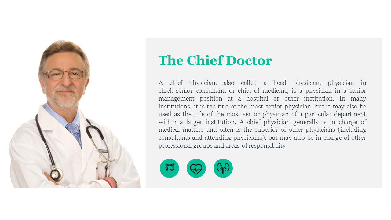 A doctor in a white lab coat standing with crossed arms, with a description of the chief physician's role in white theme.