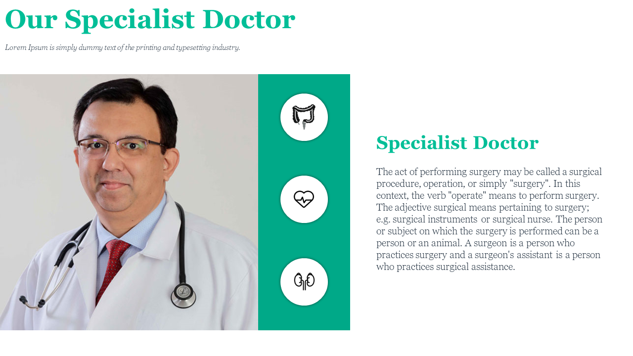 A specialist doctor in a white coat with a stethoscope, explains the role and duties of a surgeon with icons in teal theme.