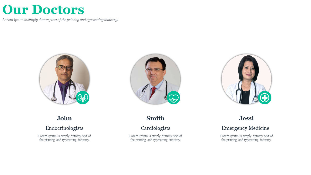 A group of 3 doctors including an endocrinologist, a cardiologist, and an emergency medicine specialist with medical icons.