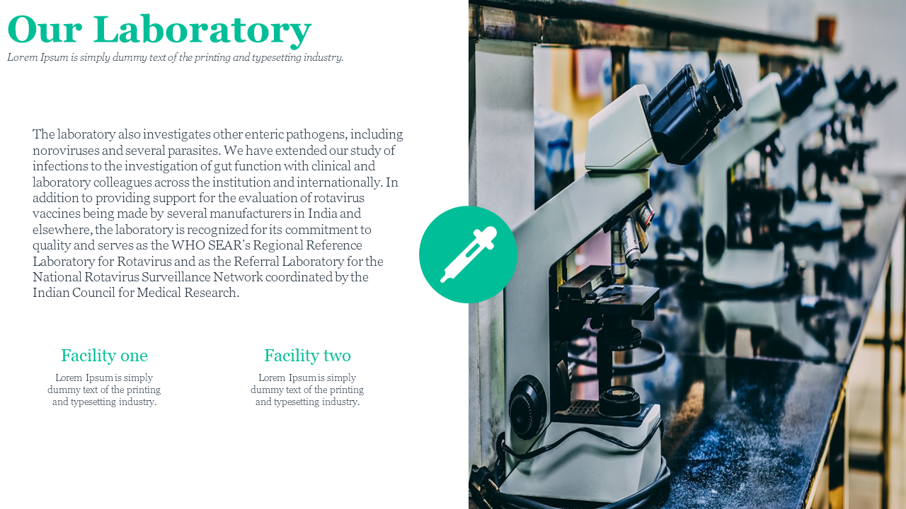 Close up view of a modern laboratory with aligned microscopes and detailed information about laboratory research.