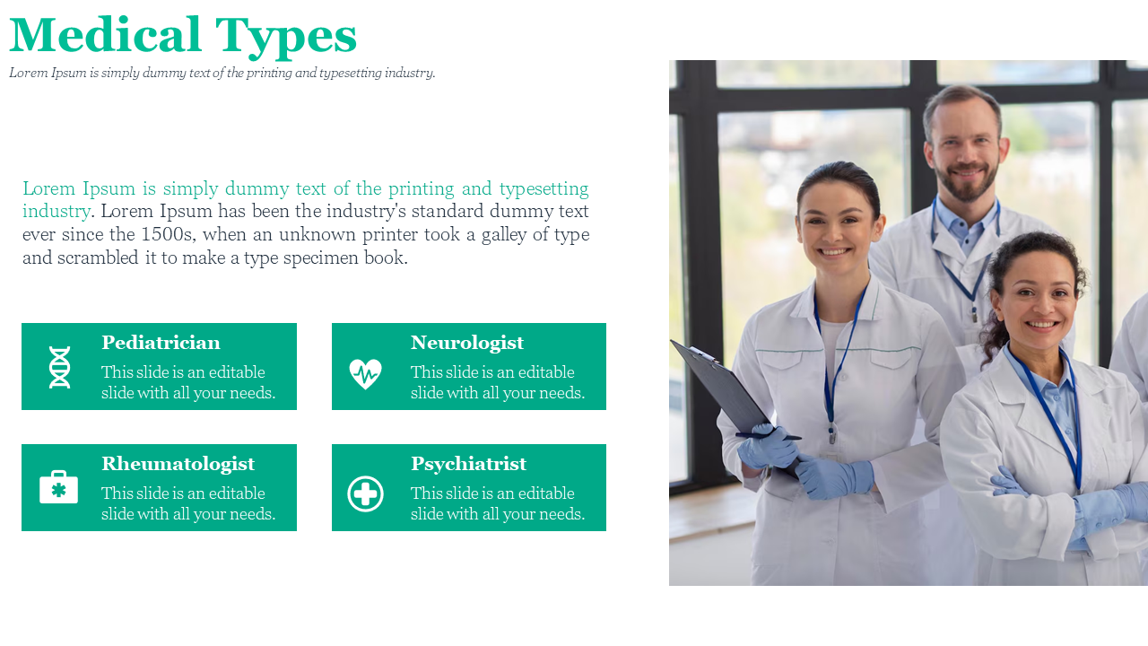 Medical professionals stand together, with four labels each with a corresponding medical icon on a white theme.