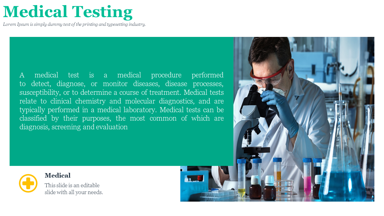 A scientist performing medical testing using a microscope in a lab, with various laboratory equipment in the background.