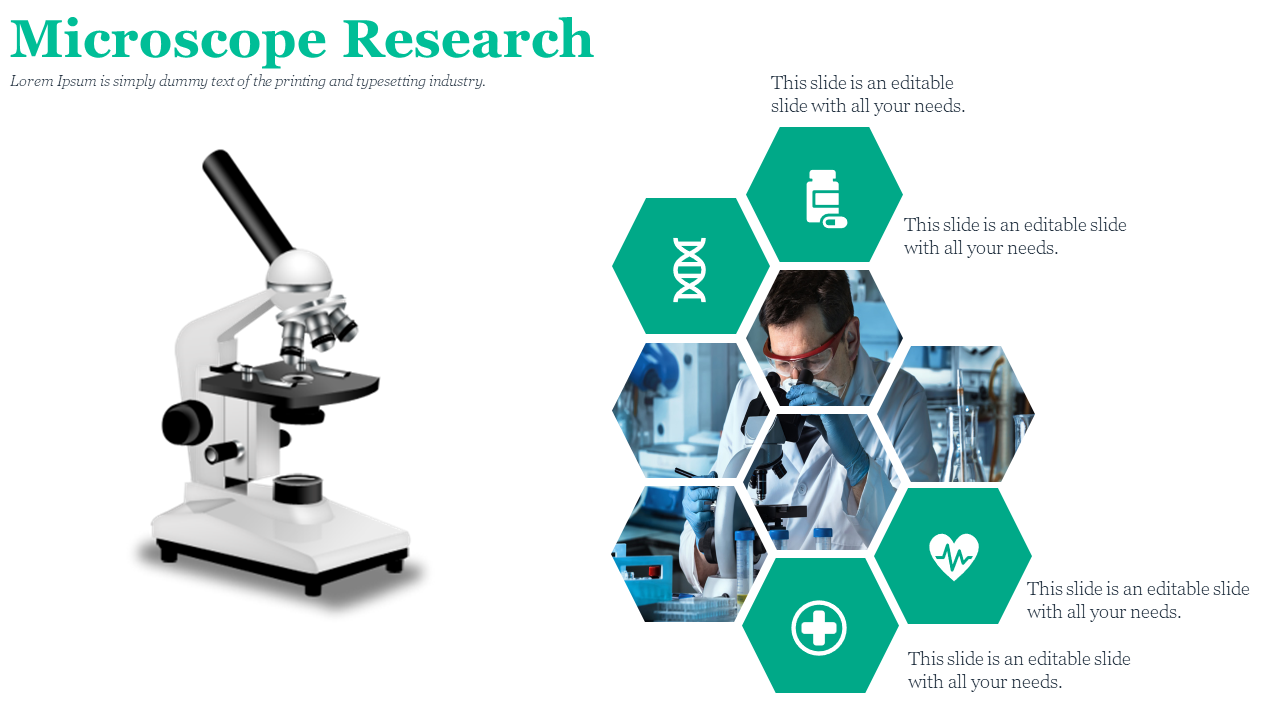 Illustration of a microscope on the left with a series of green hexagonal icons on the right featuring symbols in white theme.