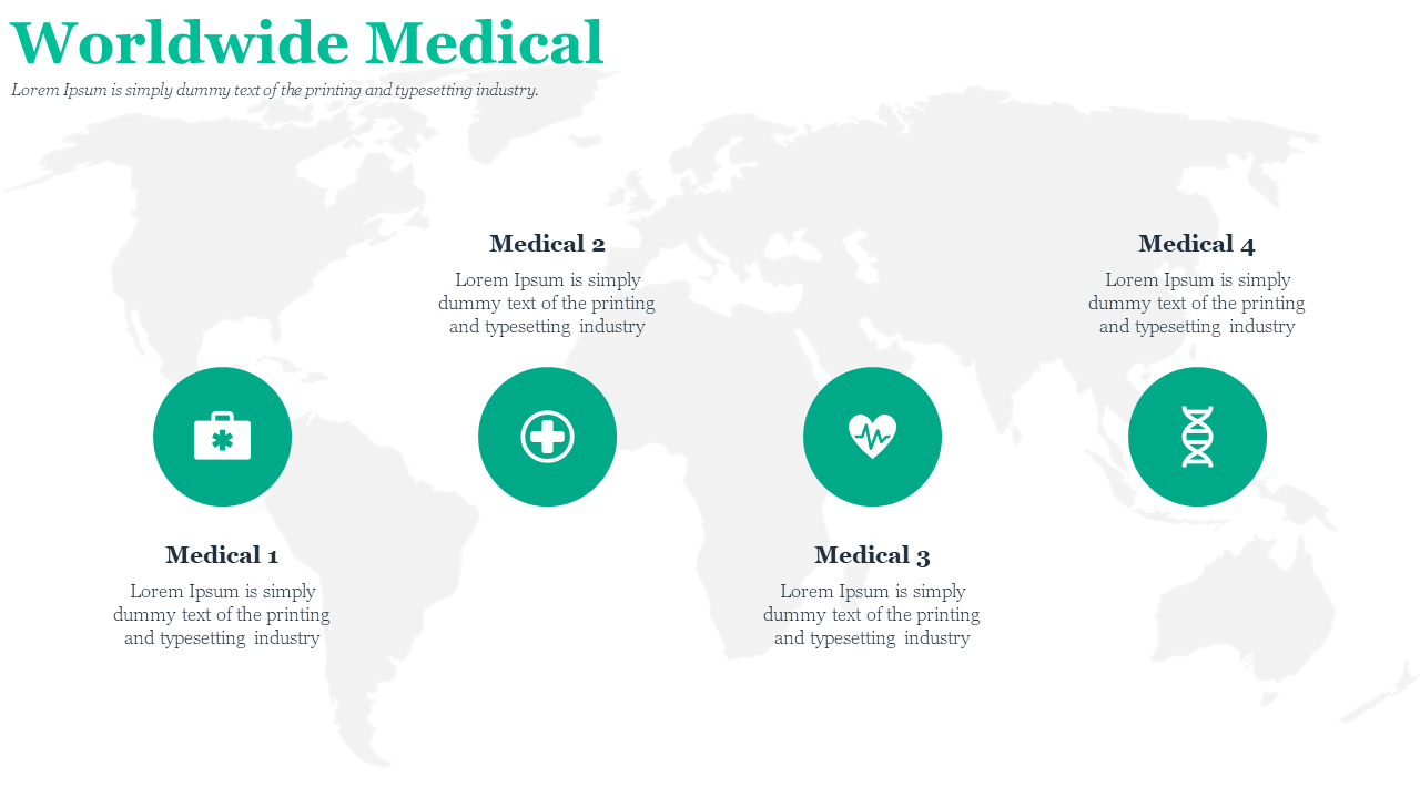 World map background with four medical green icons representing different fields of medicine, each with placeholder text.