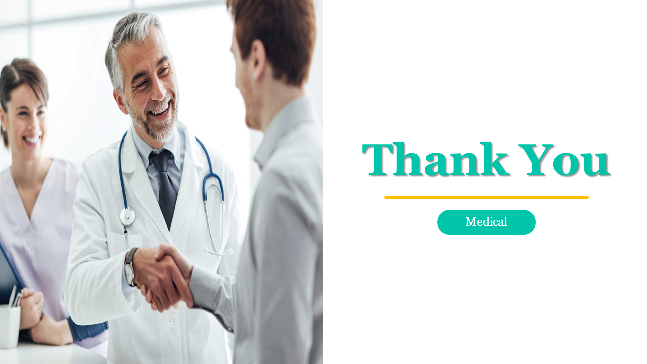 A doctor shaking hands with a patient, with a thank you message and medical text on the right in white theme.