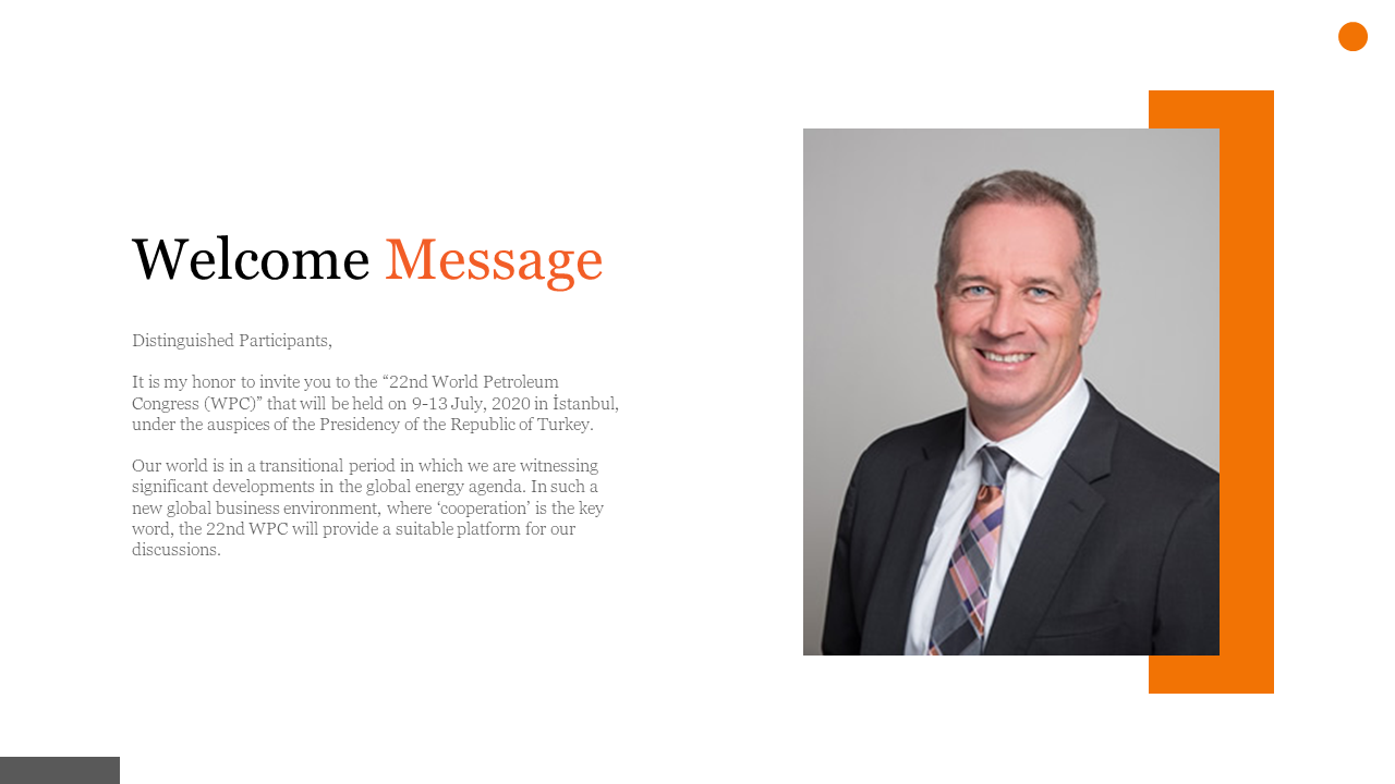 Welcome message slide with a professional photo of a man in a suit, introducing the 22nd World Petroleum Congress.
