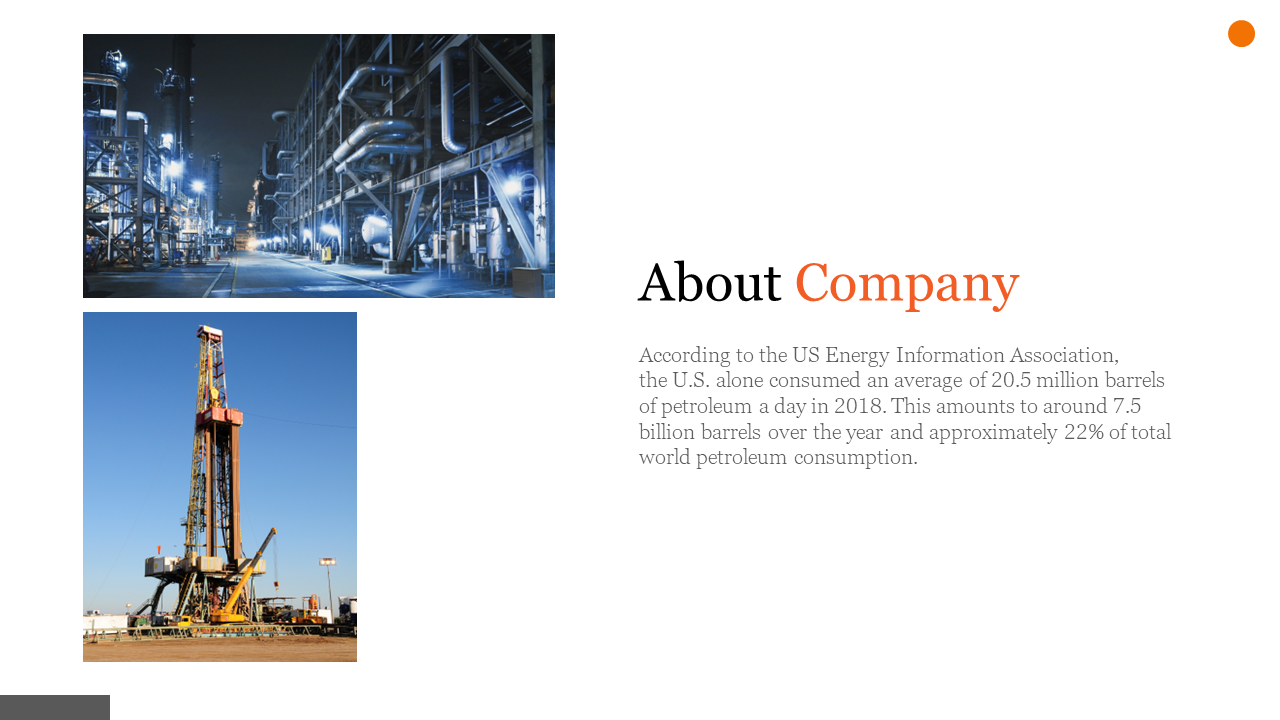 Slide presenting information about the company, with images of an oil refinery and drilling rig, with consumption statistics.