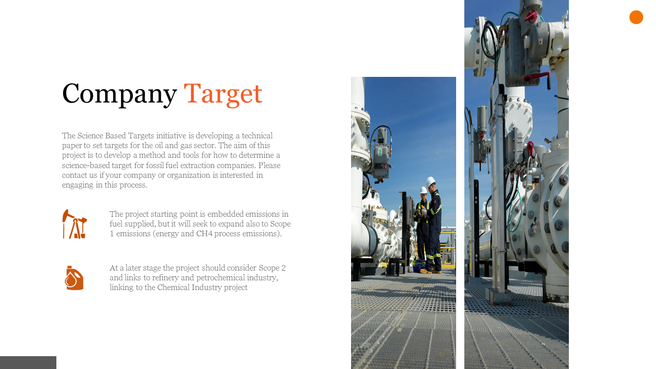Slide about company targets for the oil and gas sector, with workers discussing operations besides pipeline infrastructure.