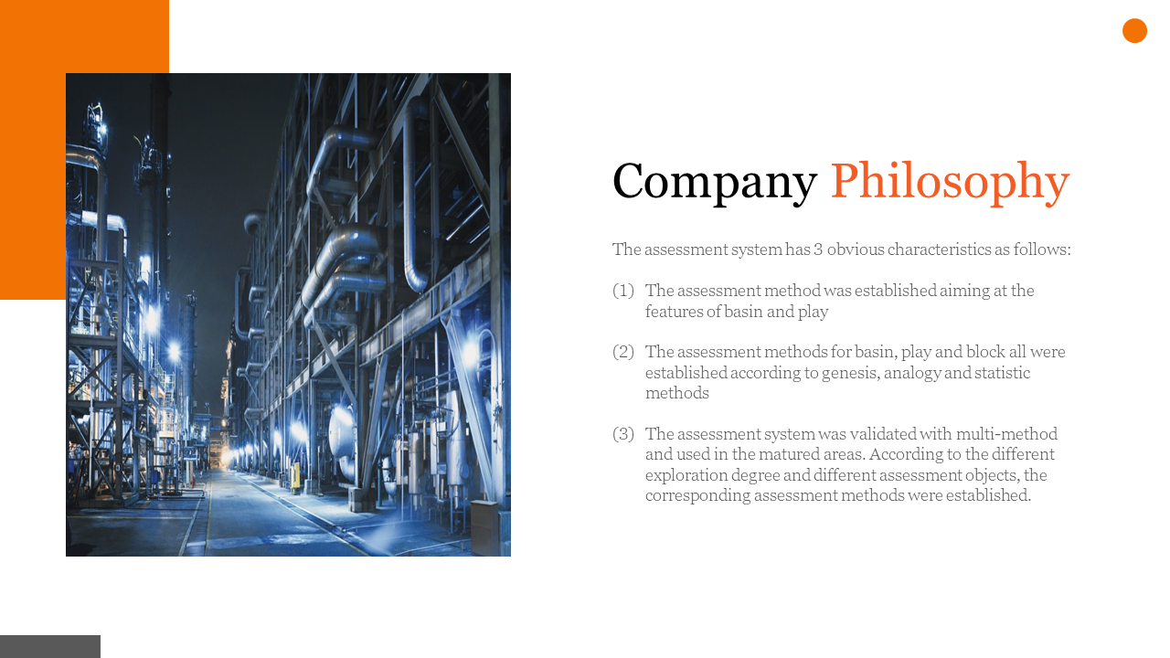 Company philosophy slide detailing the assessment system, with a background image of an industrial plant at night.