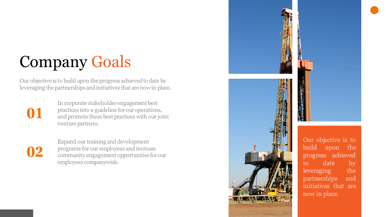 Company goals slide outlining objectives with a background image of an oil rig against a clear blue sky in a white theme.