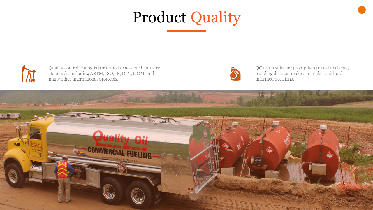 Product quality control process for oil, featuring a quality oil tanker and fuel storage tanks on a white theme.
