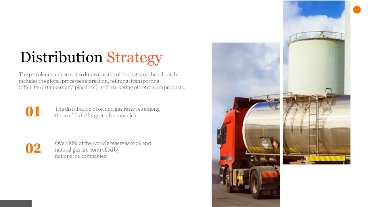 Oil distribution strategy showing an oil tanker truck and a storage tank, highlighting the global petroleum industry.