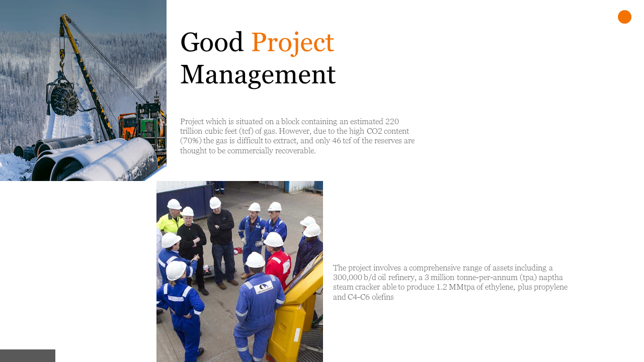An image showing a snowy oil pipeline installation site and workers discussing a large scale oil and gas project.