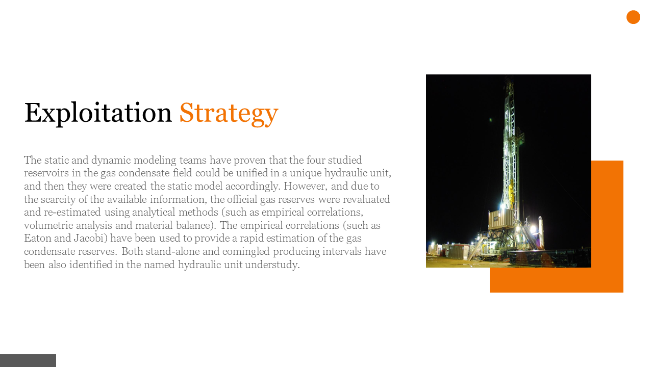 Oil drilling rig at night, with an explanation of the exploitation strategy for gas condensate reserves on a white backdrop.