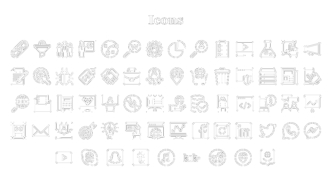 A collection of white icons representing business, technology, social media, and communication concepts.
