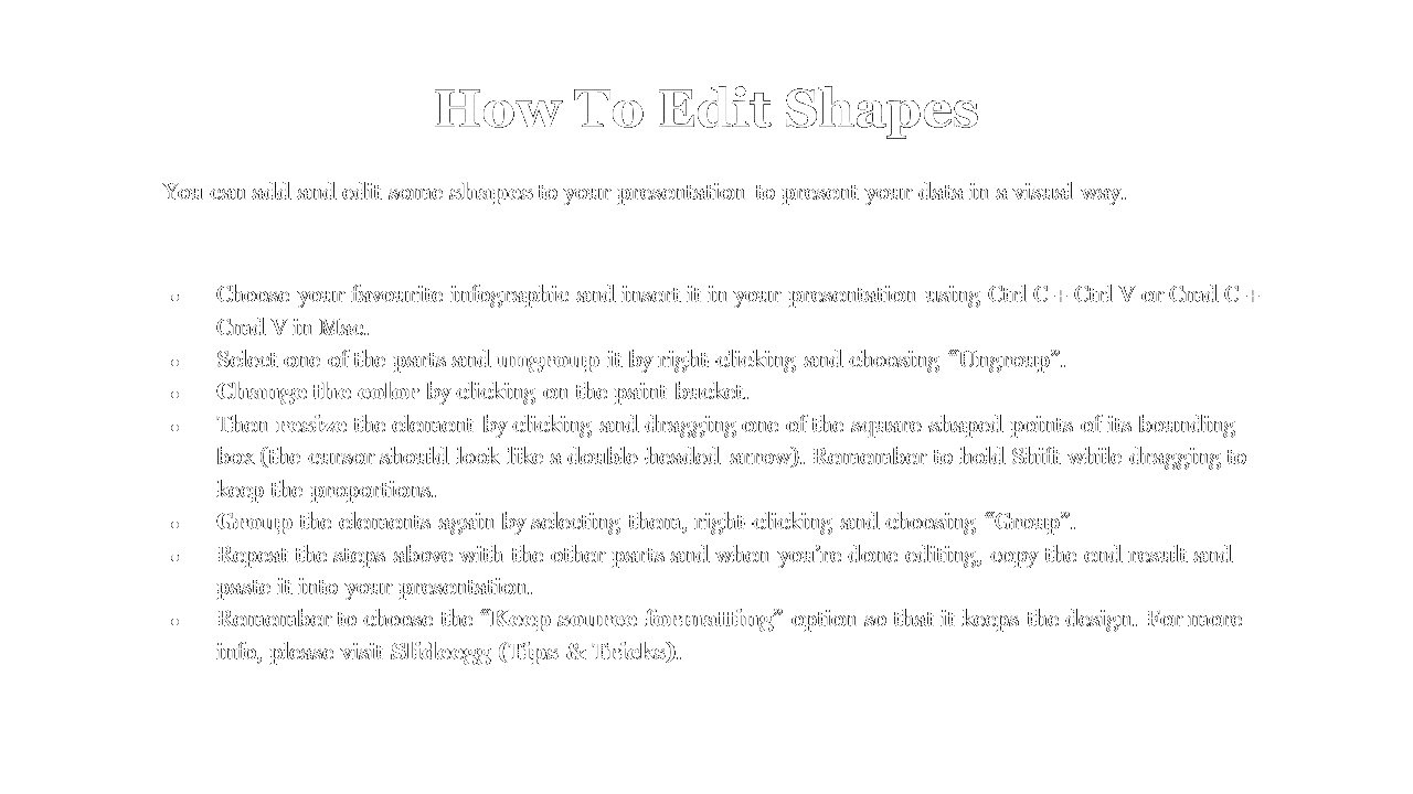 A step by step guide on how to edit shapes in PowerPoint, showing instructions for editing infographic components.