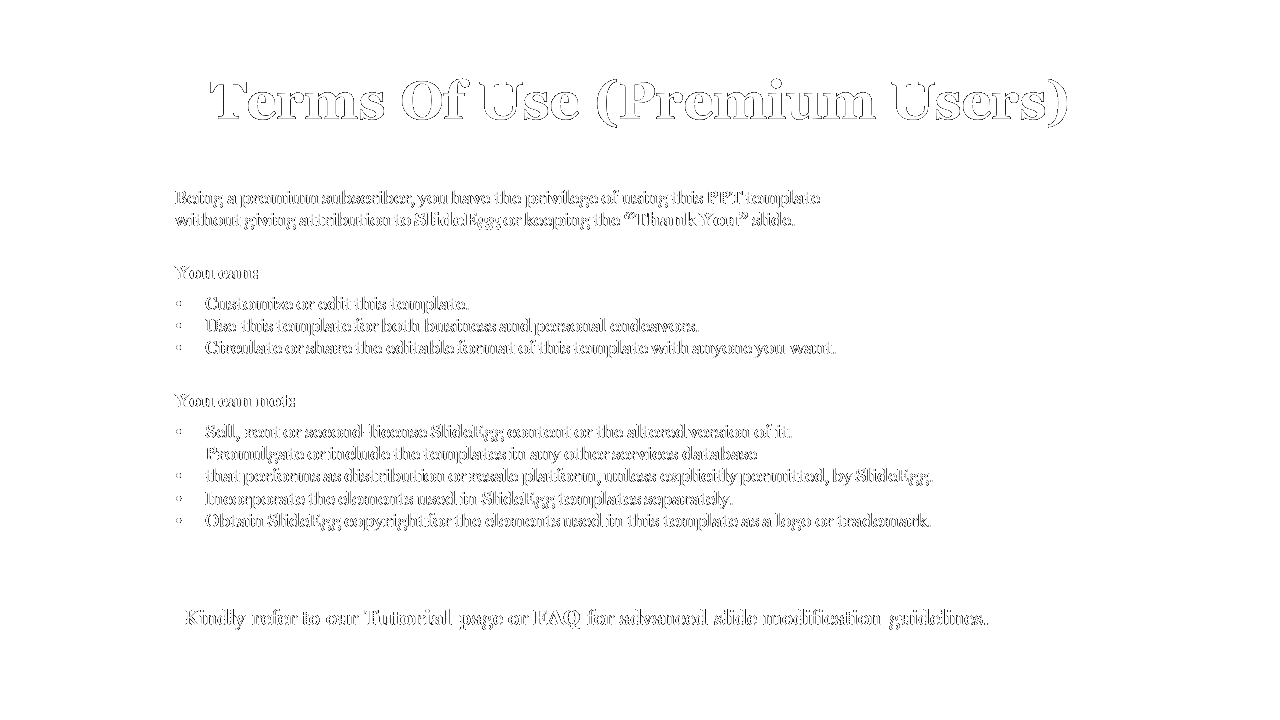 Terms of Use for premium SlideEgg users, detailing the rights to use templates without attribution on a white backdrop.