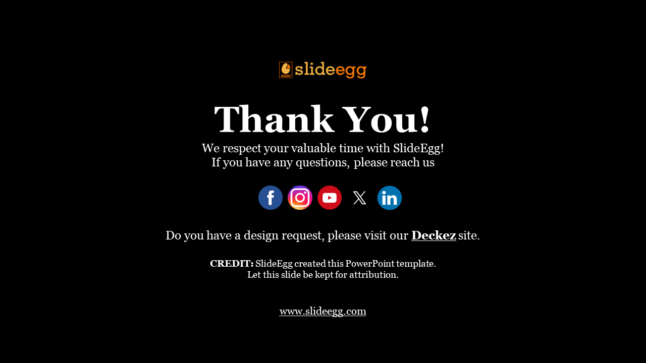 Thank you slide with SlideEgg branding, featuring social media links and a design request call to action on a white backdrop.