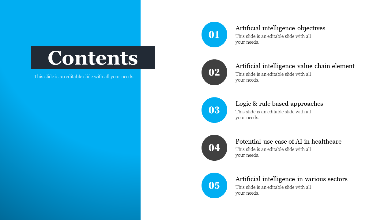 A content slide with numbered points listing topics set against a blue and white gradient background.