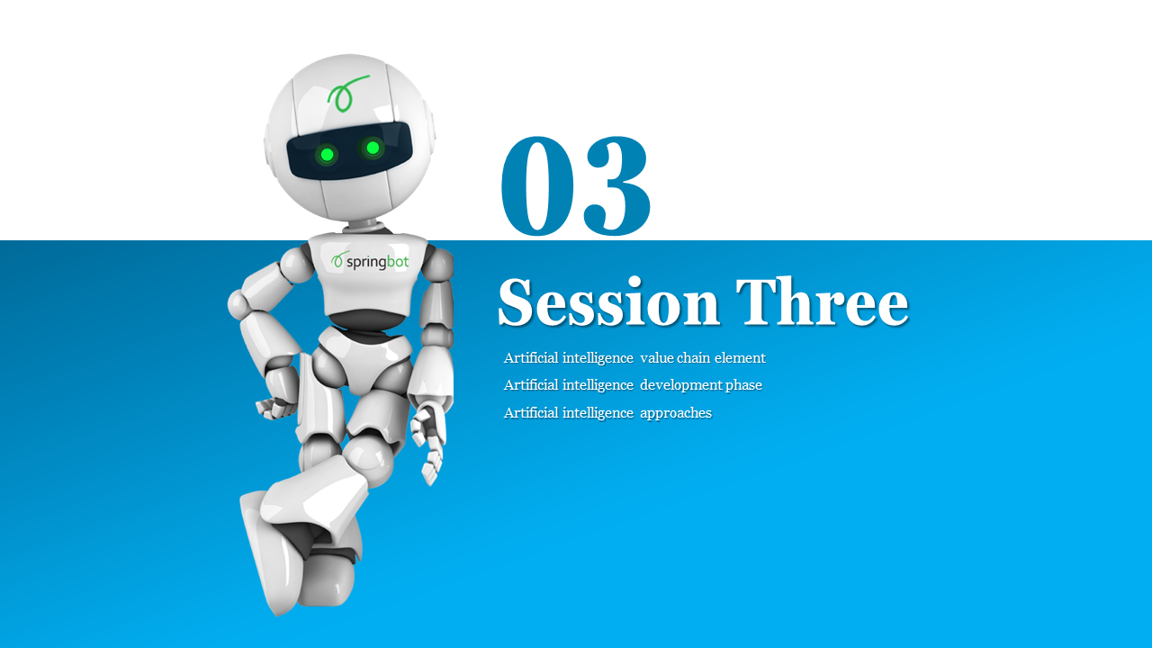Session 3 slide featuring a robot character with the springbot logo and three topics related to AI in white and blue theme.