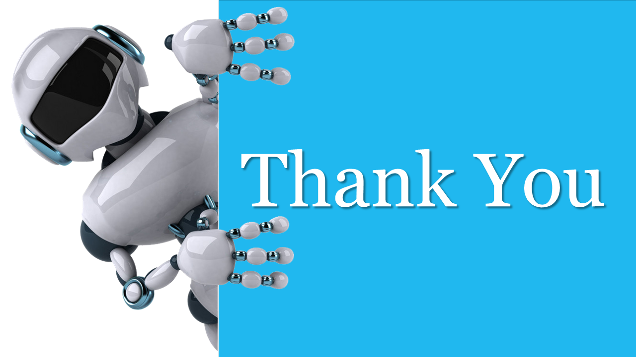 Slide with a robot character saluting on the left side and a thank you message on the right, set against a blue background.
