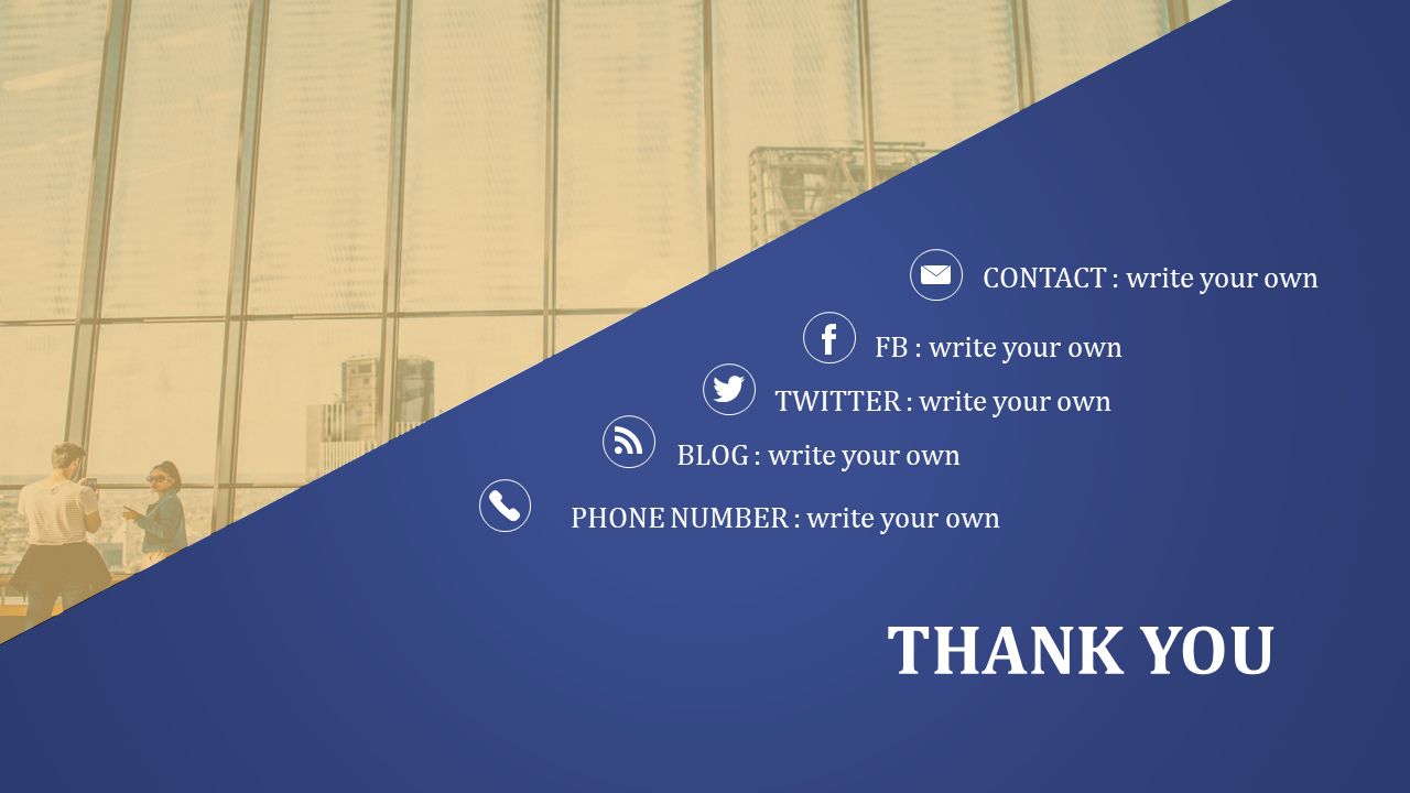 Professional thank you slide featuring contact details, social media links, and a business setting background in blue theme.