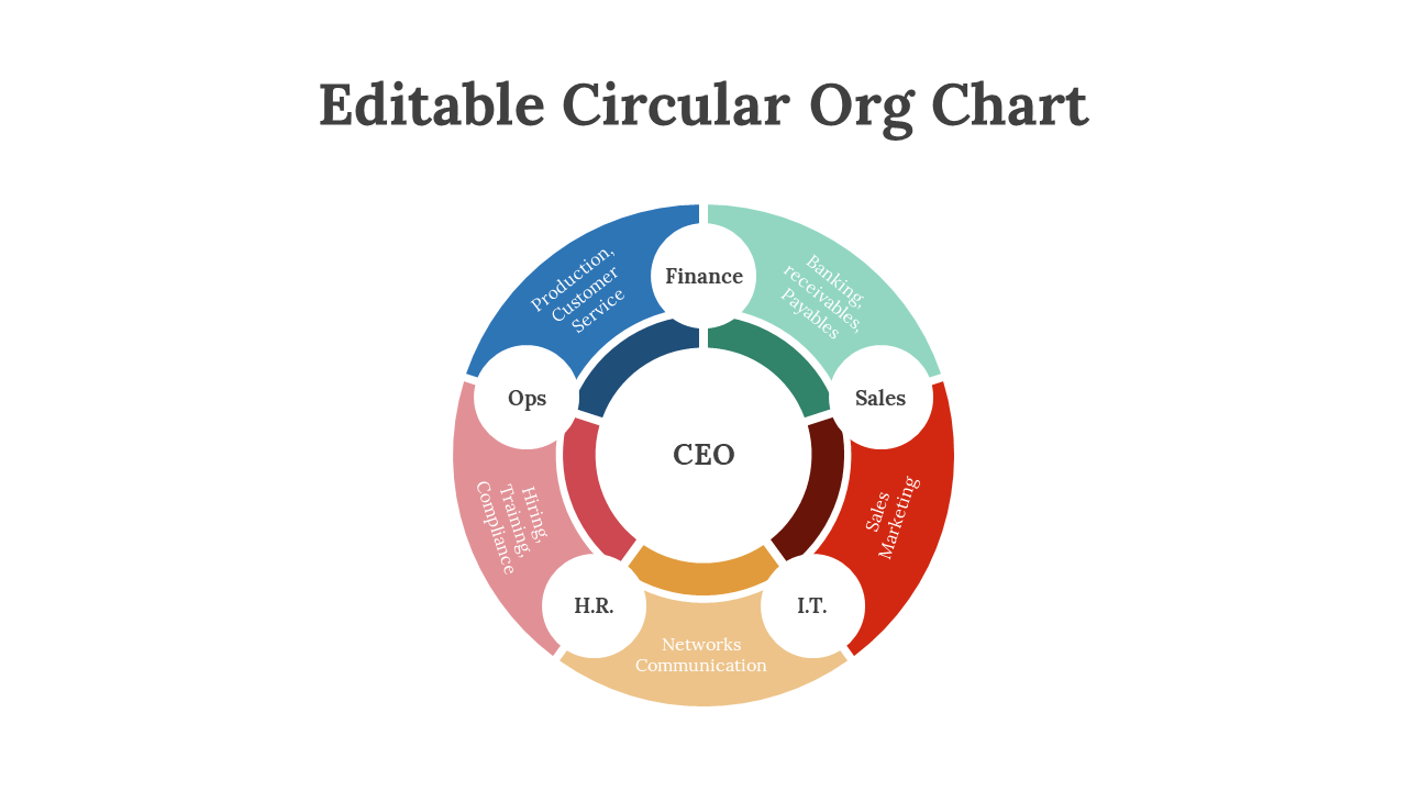 Colorful circular organizational chart with CEO in the center, surrounded by departments with descriptions on a white theme.