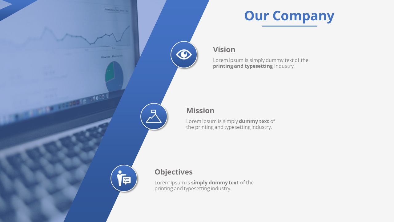A company slide featuring key elements like Vision, Mission, and Objectives with icons and a laptop displaying a graph.