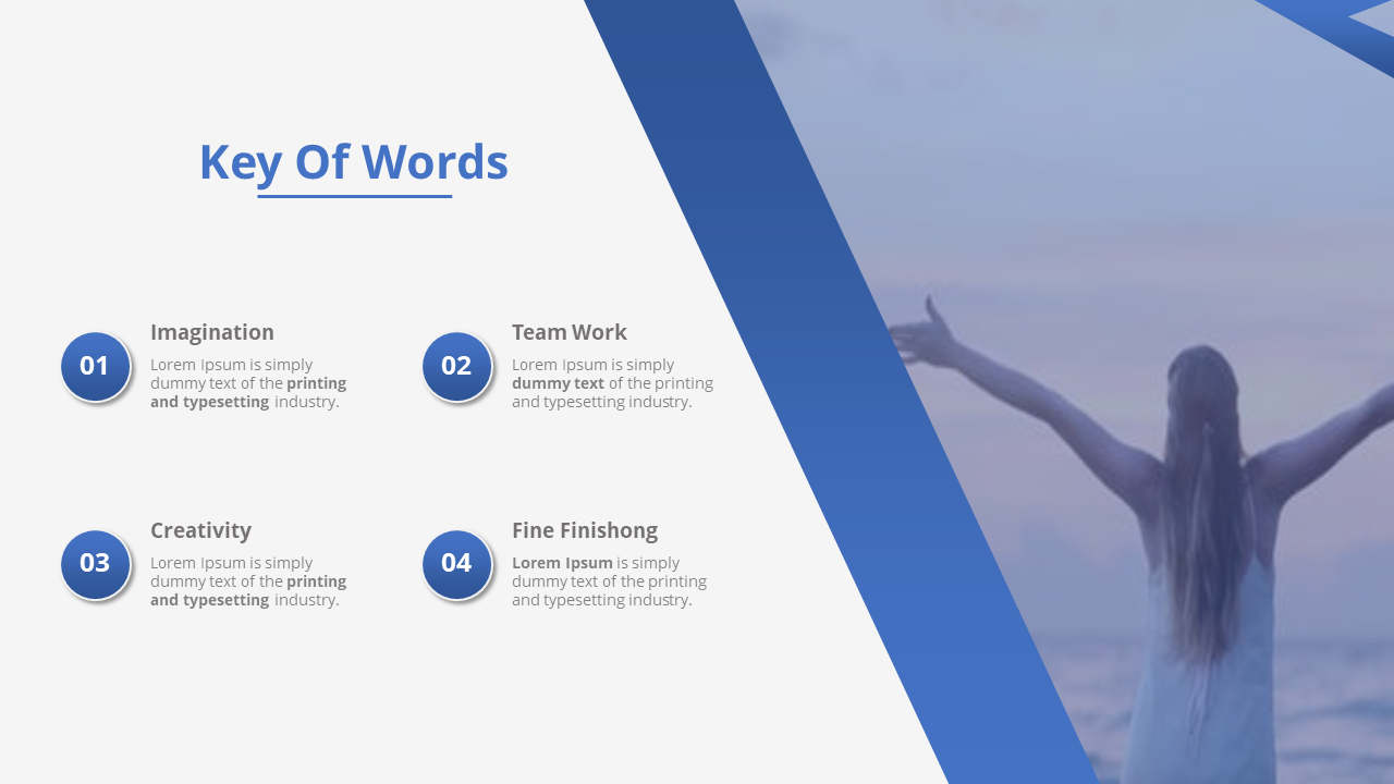 Key Of Words slide featuring imagination, teamwork, creativity, and fine finishing, alongside a background of a person.